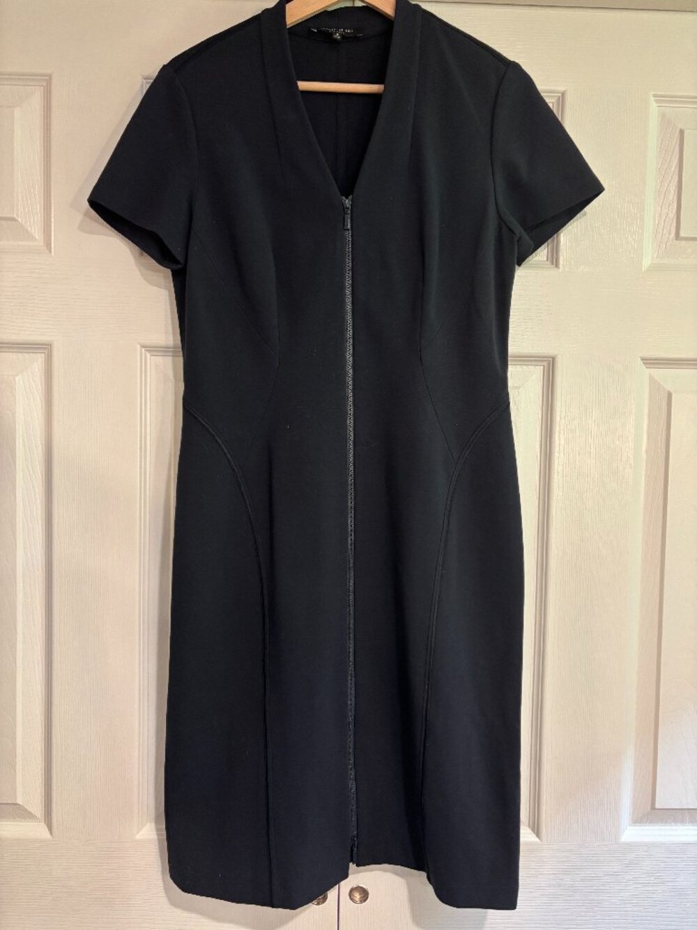 Lafayette 148 Short Sleeve Structured Sheath Dress Navy Blue Full Zip Stretch